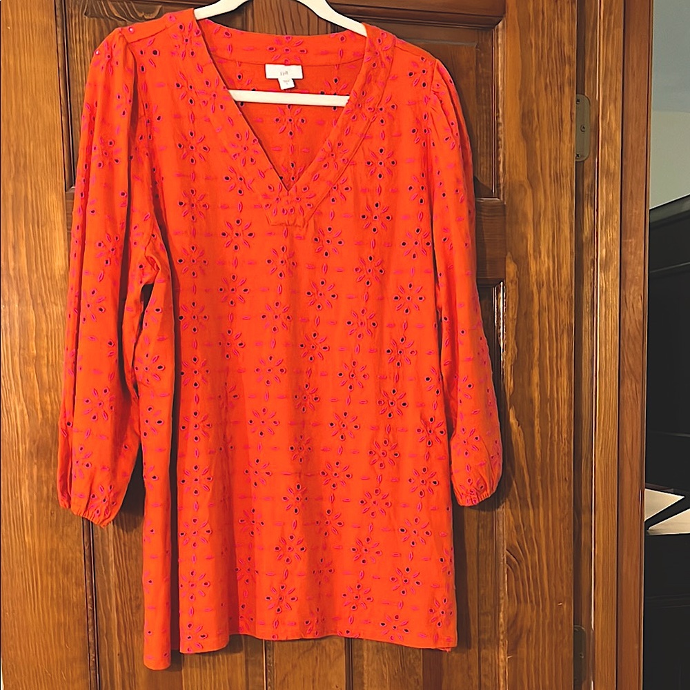J Jill orange knit top with eyelet cutouts stitched in magenta - size L